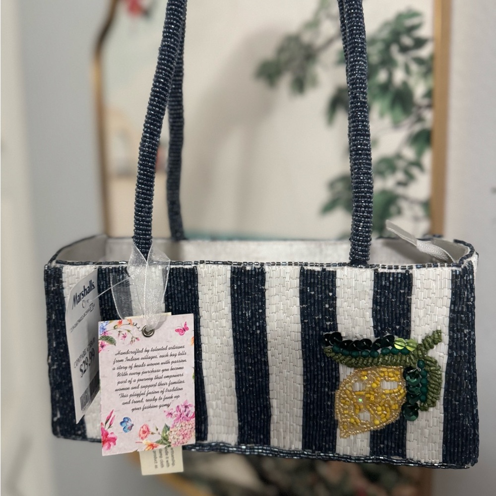 Viral Striped Beaded Handbag with Lemon Design
